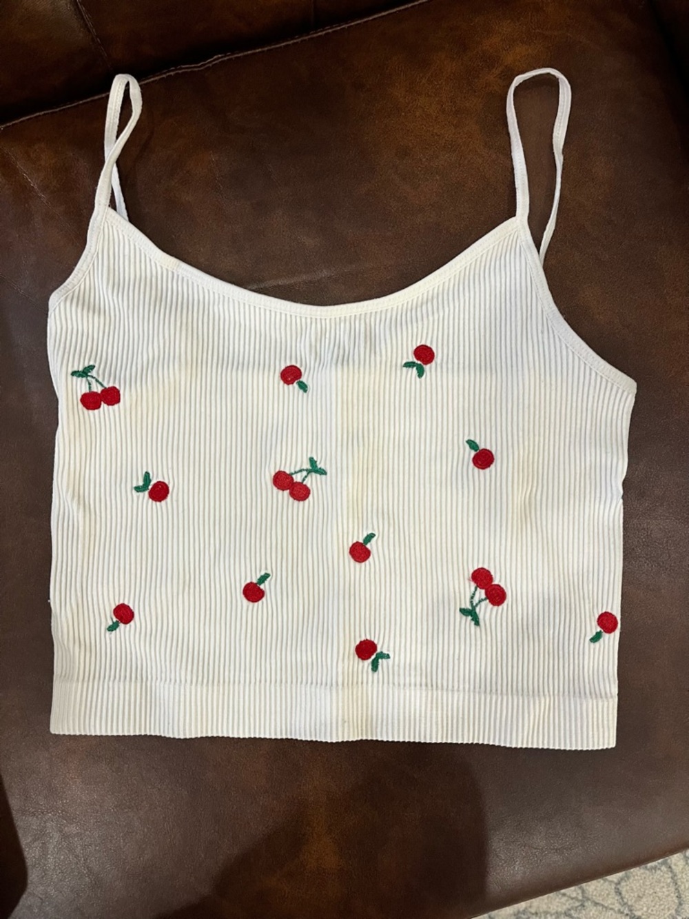 Women’s White Ribbed Cherry-Embroidered Cami